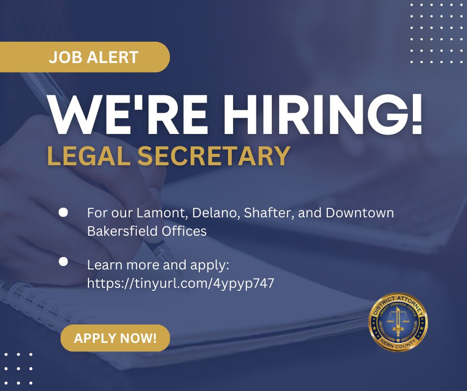We’re currently hiring legal secretaries for our Lamont, Delano, Shafter, and Downtown Bakersfield offices. Are you interested in working for the largest law office in Kern County? Join KCDA! Learn more about the position and apply by visiting tinyurl.com/4ypyp747.