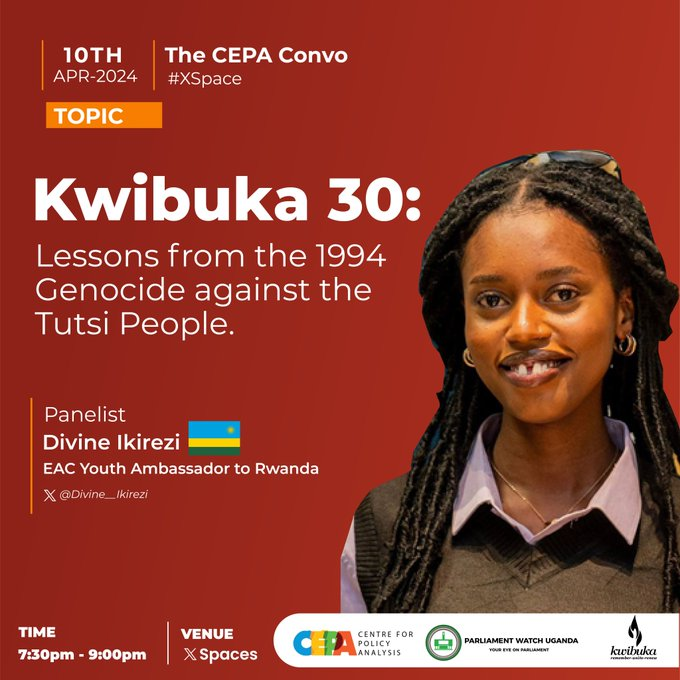 📢#Kwibuka30 Young people join in solidarity with Rwanda to spotlight the lessons from the 1994 genocide against the Tutsi. Joining the discussion is EAC Youth Ambassador to Rwanda @Divine__Ikirezi . Join the conversation! ⬇️ x.com/i/spaces/1odkr…