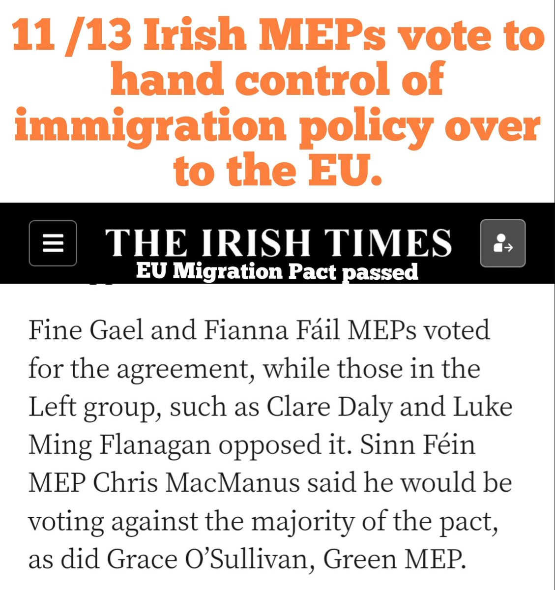 Irish MEPs in Brussels are lapdogs of EU Policy. @FineGael @FiannaFail #LukeMing always ready to let you down. #EUMigrationPact #IrelandOptsOut