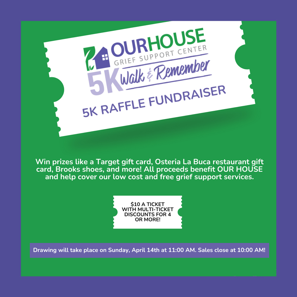 Our House Grief Support Center invites you to the Associate Board Raffle at the OUR HOUSE 5K! 🎉 Win amazing prizes like a Target gift card, Osteria La Buca restaurant gift card, Brooks shoes, and more! secure.qgiv.com/for/2024OH5K/e…