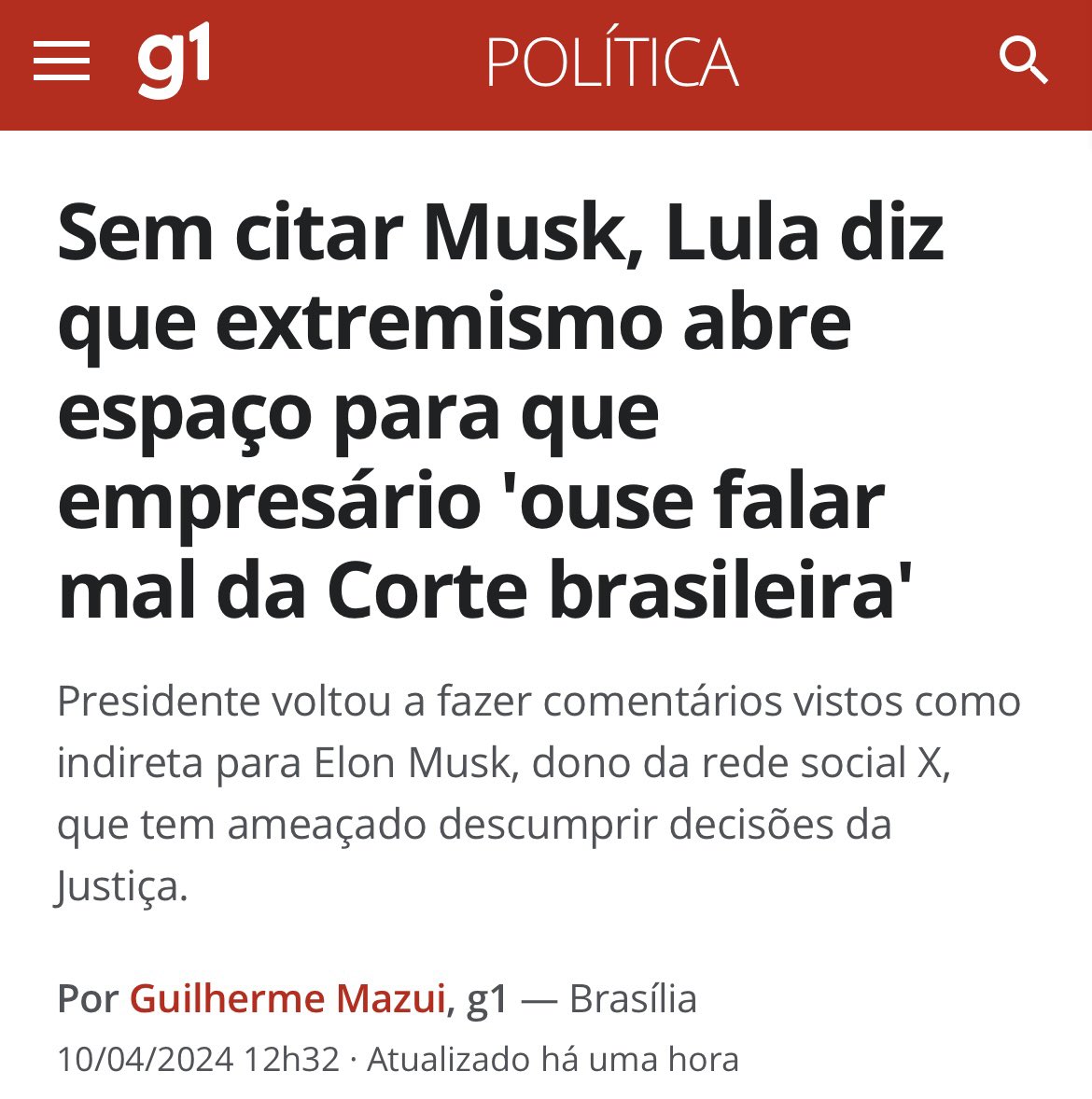 Brasil 🇧🇷: Lula declarou nesta quarta (10) que o crescimento do extremismo abre espaço para que 'empresário americano, que nunca produziu um pé de capim desse país, ouse falar mal da Corte brasileira, dos ministros brasileiros e do povo brasileiro'.