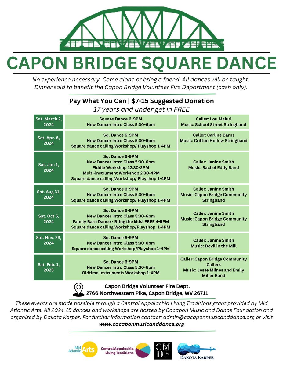 Another series of Capon Bridge, WV, Square Dances is in full swing! No experience necessary, just show up and learn! Sliding scale donations benefit the Capon Bridge Volunteer Fire Department. Learn more at: ecs.page.link/z71Xz