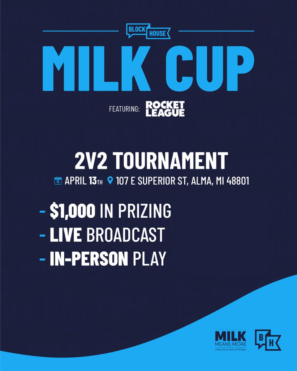 We're partnering with Block House to put on the first-ever 'Milk Cup' Rocket League tournament, & you're invited to check it out! 📍 Block House in Alma, MI 📅 Sat. 4/13. 11 AM ET. We'll also have milk mocktails & fun! 🥛🎮 Learn more/register: bit.ly/3xwA7kQ.