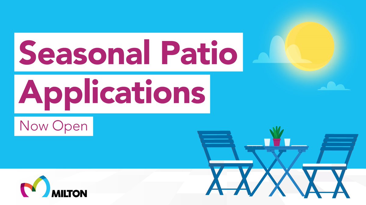 We're dreaming of patio season in #MiltonON ☀️🗯️ Applications are open for the 2024 seasonal patio program! This program allows bars and restaurants to extend and operate patios in designated areas. More info🔗 ow.ly/oIfM50R7Bem