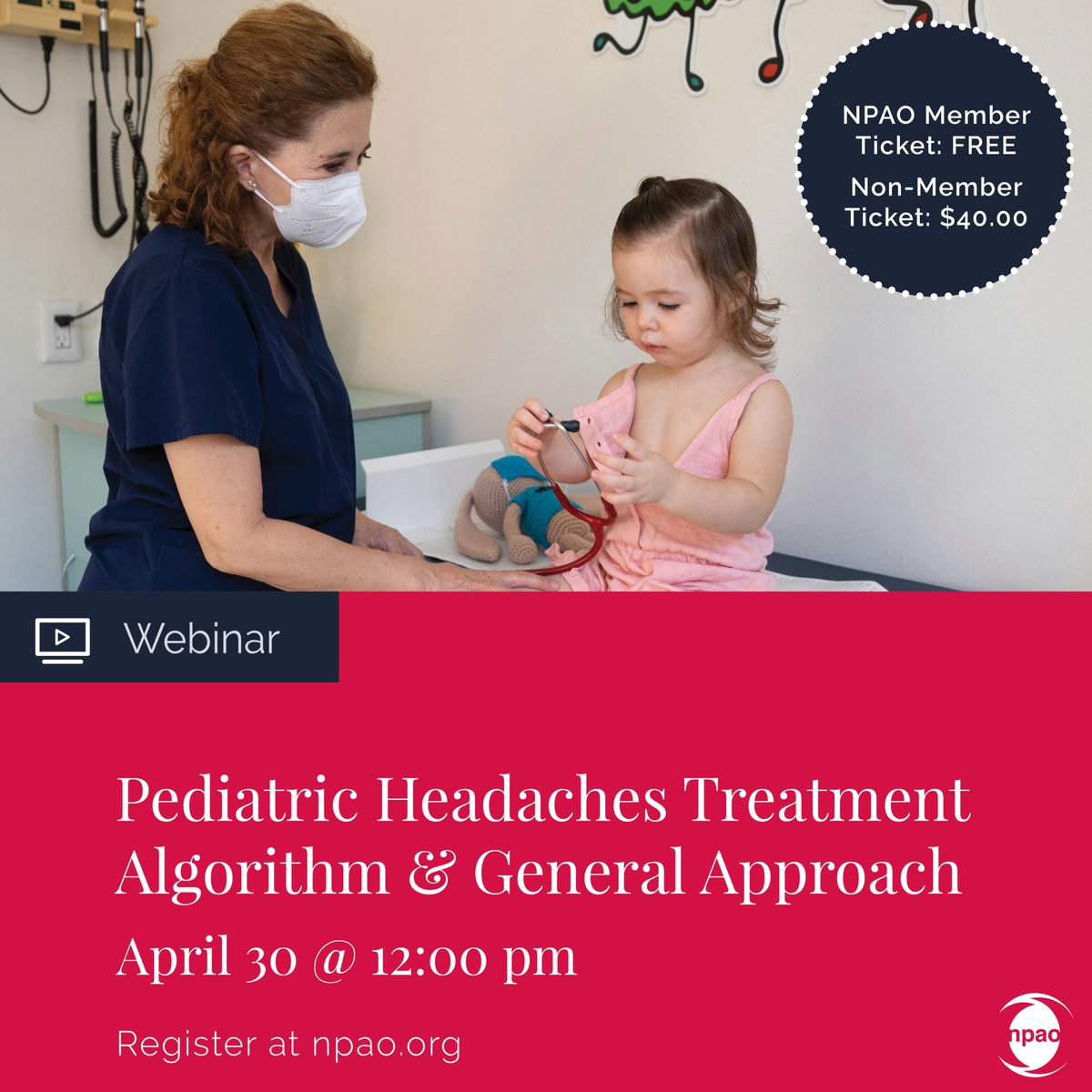 Join us April 30th at 12:00 pm for an insightful webinar on Pediatric Headaches Treatment Algorithm & General Approach. Explore treatment strategies for #pediatric #migraines, common #headache types, & more with #NP Pamela Fellbaum. Don't miss out 🔗npao.org/calendar-of-ev…!