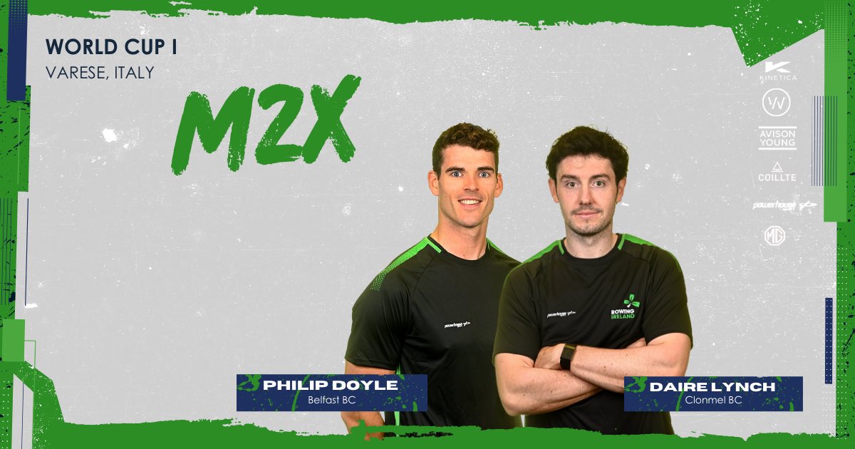 ☘️Introducing our Crews☘️ Philip Doyle and Daire Lynch will race the Men’s Double at World Cup I this weekend in Varese, Italy! #greenblades #wearerowingireland