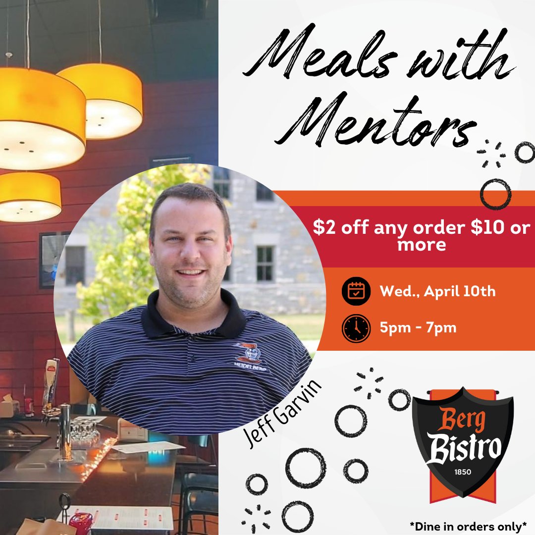 Do you know what you’re doing for dinner tonight? No? Well, you’re in luck! Meals with Mentors is tonight at the Bistro, featuring Director of Athletics Marketing & Information, Jeff Garvin!