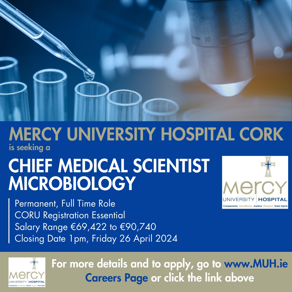 @Mercycork is seeking a Chief Medical Scientist #Microbiology. This is a superb career opportunity! CORU registration is essential. For more details and to apply click here: api.occupop.com/shared/job/chi… #ChiefMedicalScientist #HSEJobs #NHSJobs #MedicalScientist #CORU #CORKHospital