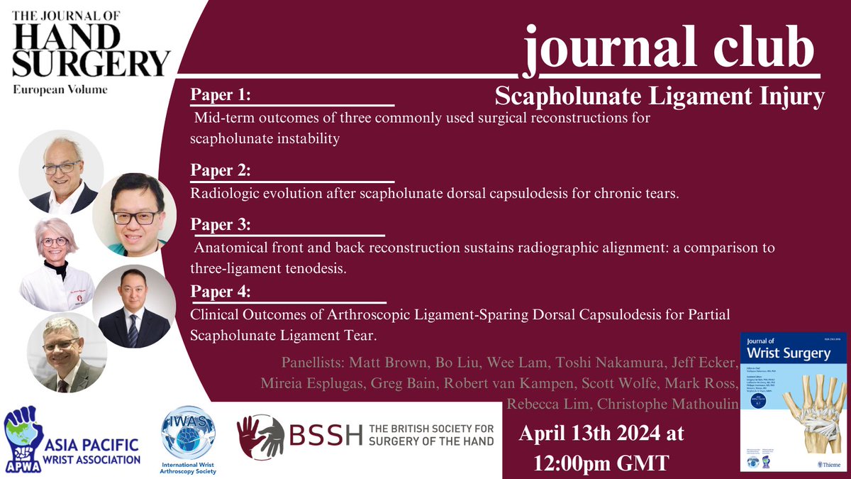 Scapholunate ligament injury journal discussion this Saturday! 13 April 2024 @ 1300 GMT+1 (London) / 2000 (Singapore/Perth) / 2100 (Tokyo) Journal of Wrist Surgery / @JHSEur / Asia-Pacific Wrist Association All papers OPEN ACCESS Register: us02web.zoom.us/webinar/regist…