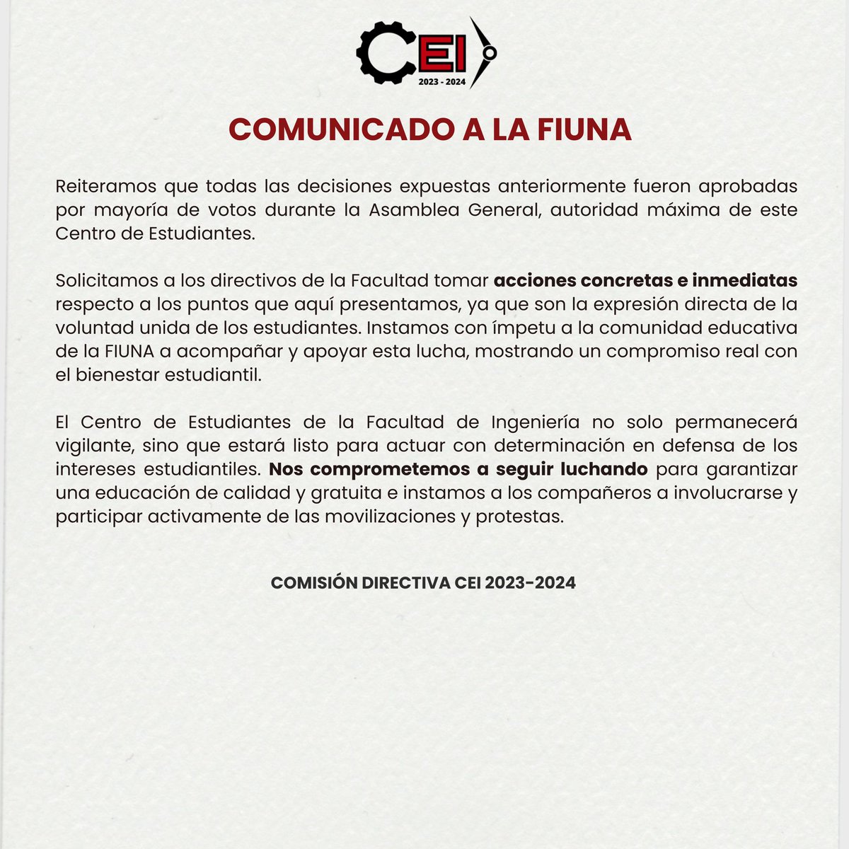 COMUNICADO A LA FIUNA sobre la postura tomada por los estudiantes en la Asamblea General del CEI del 9 de abril del 2024📌