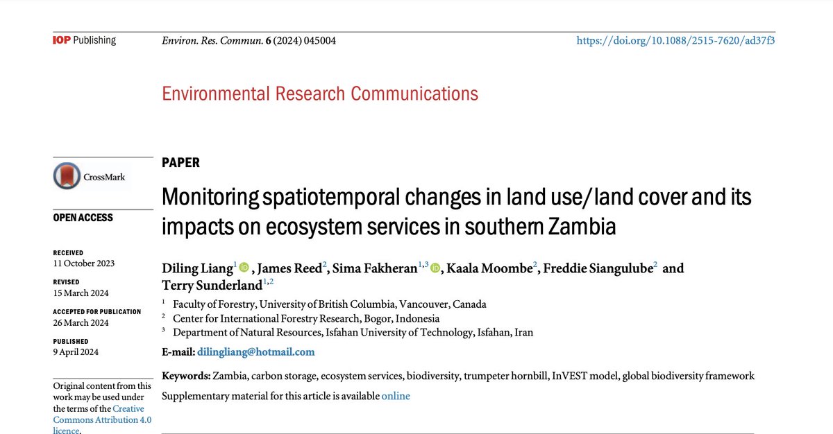 Recent paper from the @Colandscaped initiative led by @Diling_Liang as part of her MSc studies on land use cover and links with ecosystems services in Zambia. Good to see this out. @sunderland_lab @ubcforestry @CIFOR_ICRAF