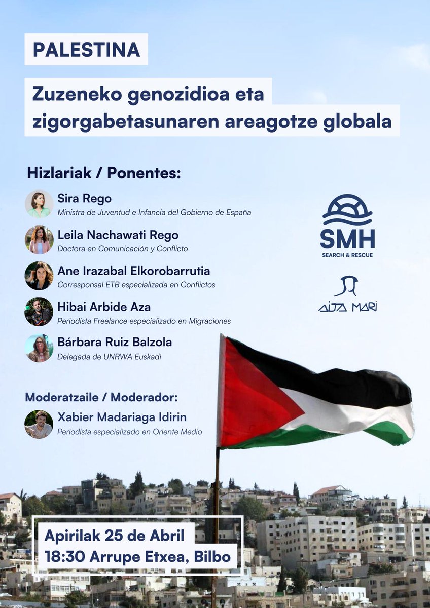 PALESTINA: zuzeneko genozidioa eta zigorgabetasunaren areagotze globala 🗓️ Apirilak 25, 18:30h Eztabaida eta hausnarketa jardunaldiak. Parte hartzera gonbidatzen zaituztegu! Sarrera librea. 📍Arrupe Etxea. Aita Lojendio Kalea, 2, Abando, 48008 Bilbo, Bizkaia