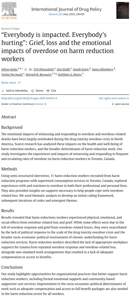 An overlooked aspects of the drug toxicity overdose crisis has been the emotional impacts of overdose on front-line harm reduction workers. Our new paper in @ijdrugpolicy explores the devastating toll from overdose on the wellbeing of workers, and strategies to support them 🧵