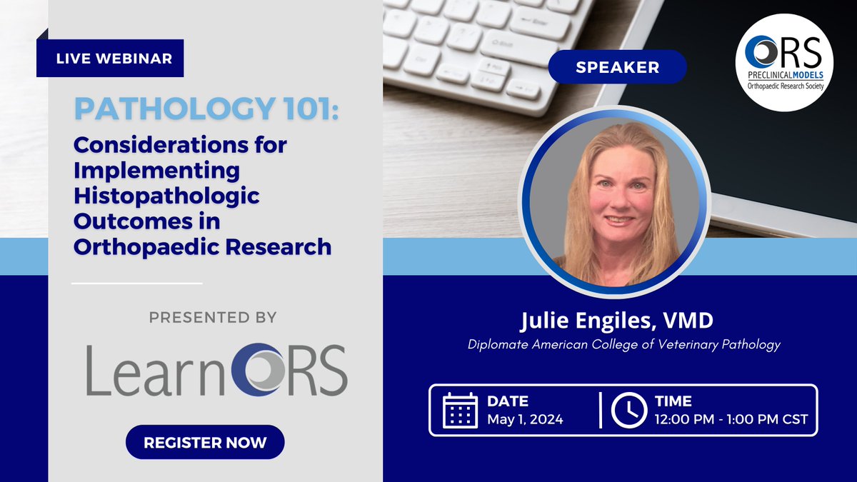 ORSsociety's tweet image. Join us on May 1 at 12:00 PM CST for the next LearnORS #WebinarWednesday to learn how to prepare grant proposals to successfully include histopathologic outcomes, considerations when using large animal #preclinical orthopedic models, and more. Learn more: bit.ly/3c5yyQc