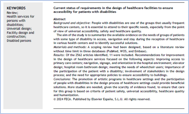 📰 Current status... in the design of healthcare facilities to ensure accessibility for patients with disabilities ✏️Review by L Cambra-Rufino et al in @JHealthQualityR, #RevistaSECA #JHQR 👉 bit.ly/3PhtCIN ✅ #QualityHealthcare #PeoplewithDisabilities #Facilitydesign