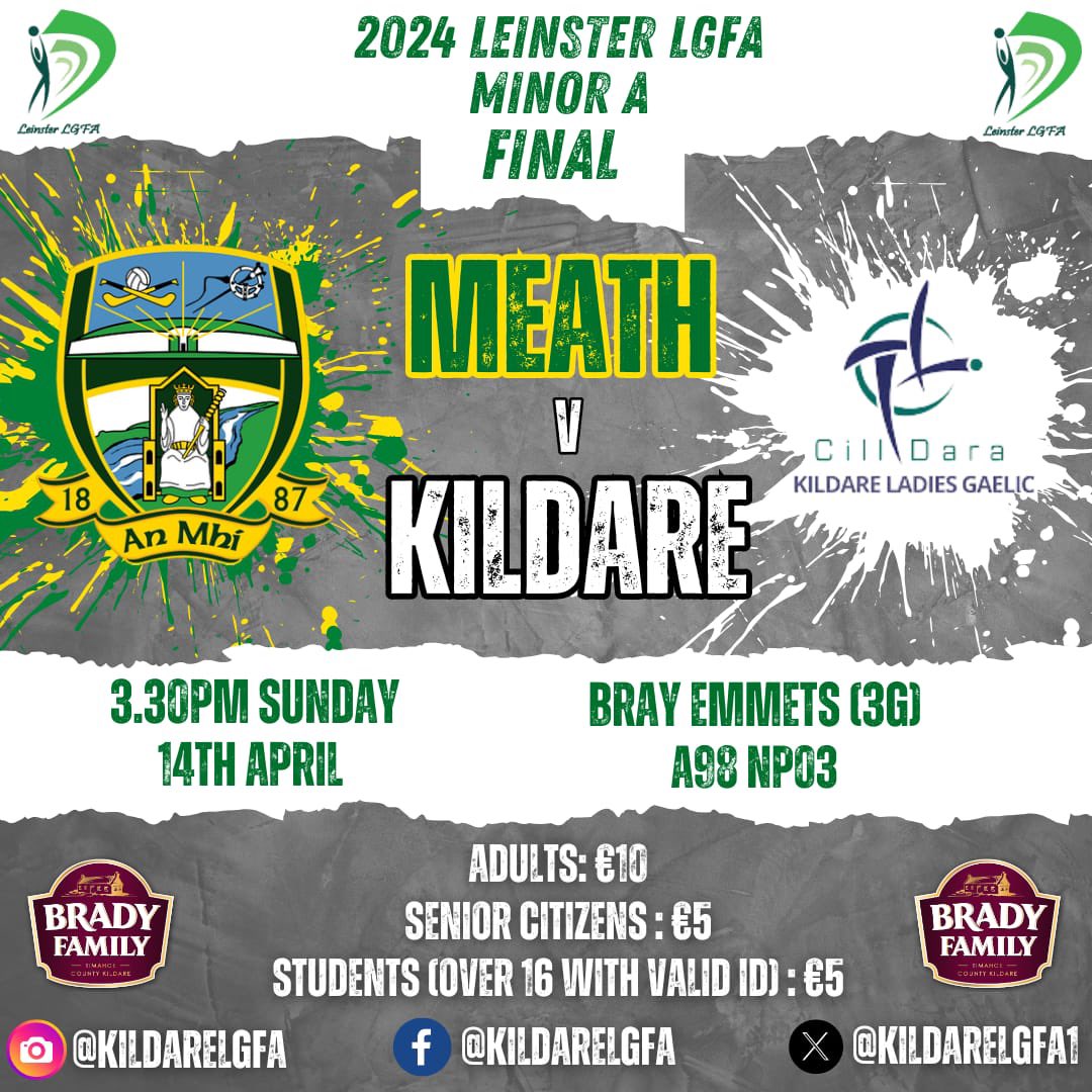 Leinster Minor A Final Sunday 14th April Kildare Vs Meath 3.30pm Bray Emmets, Co. Wicklow Best of luck to the Minor girls and management this Sunday in the Minor A final. Tickets can be purchased at the link below 🎟️🎟️ universe.com/events/leinste… Show your support! 🤍