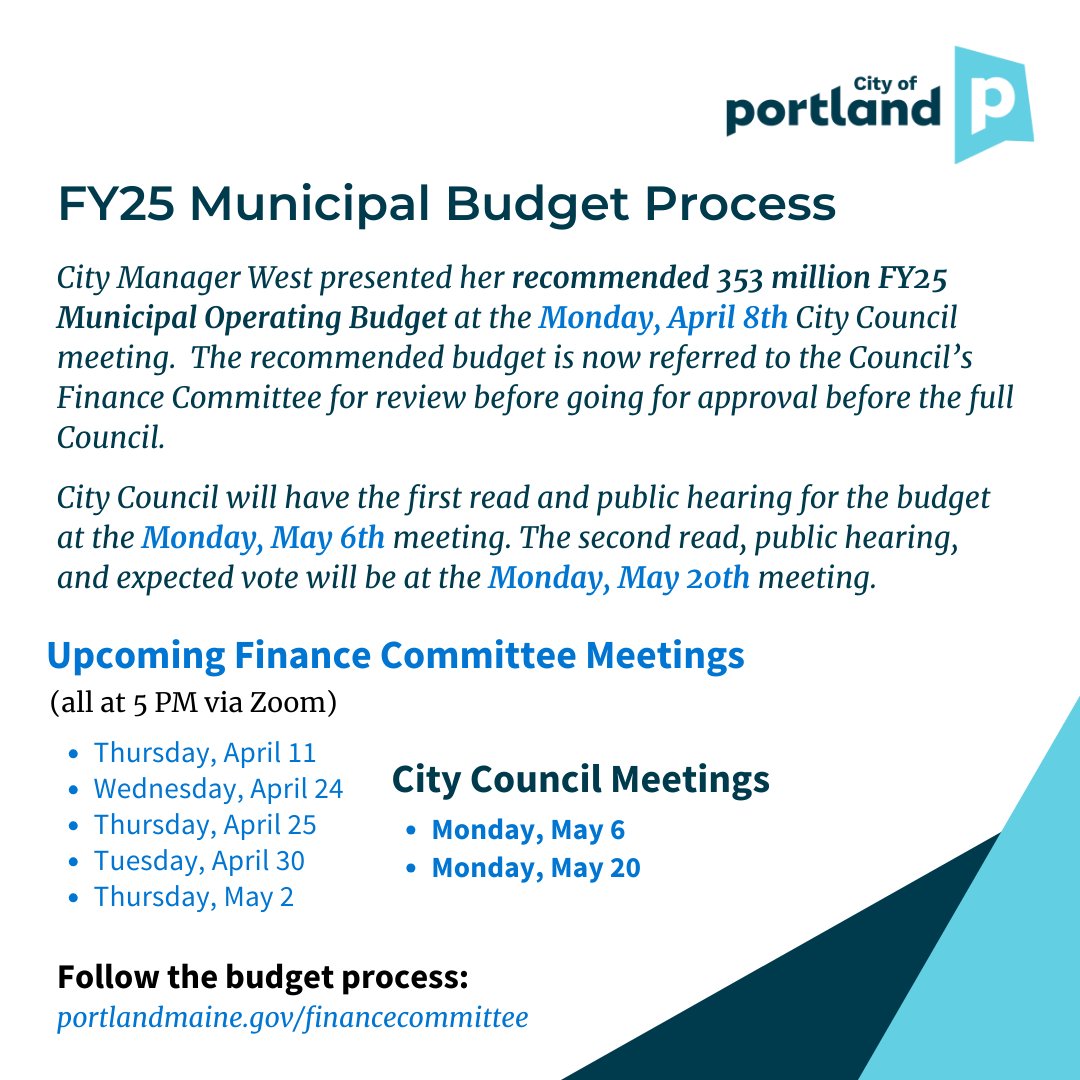 City Manager West submitted her recommended $353 million FY25 Municipal Operating Budget to the #PortlandMaine City Council at the 4/8 City Council meeting. City Council will have 2 public hearings for the budget in May on 5/6 + 5/20. Read full update: portlandmaine.gov/1/Home?content… ⁠