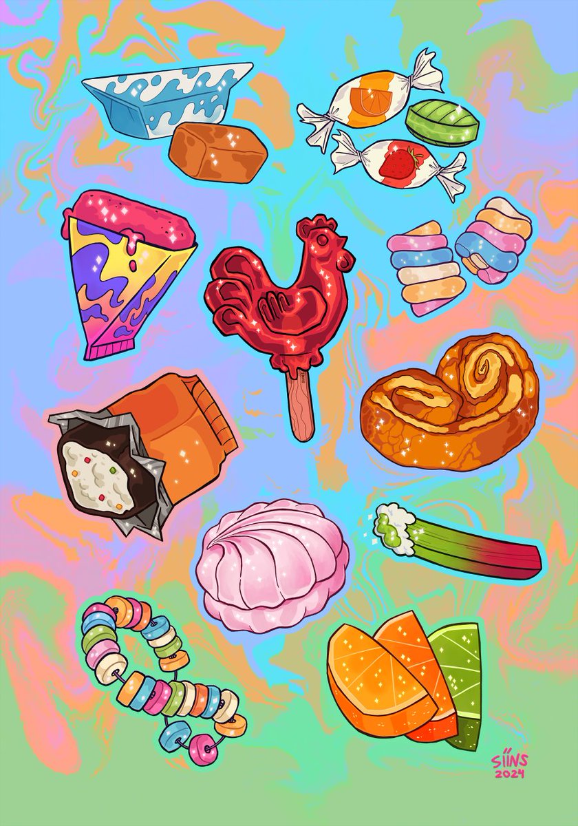 food artist name signature no humans fruit blue background candy  illustration images