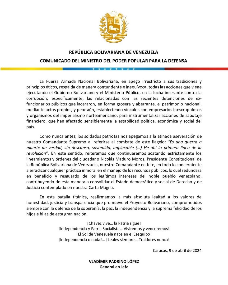 📄 #Atención || Comunicado Oficial de la Fuerza Armada Nacional Bolivariana en respaldo a la lucha incesante contra la corrupción.