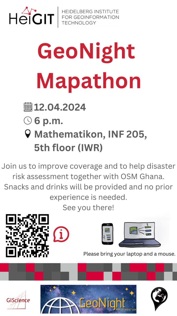 Excited for A Night of Geography with HeiGIT @GIScienceHD on April 12th at 4pm?🎉 Join us for an engaging discussion and mapping session. Register now and mark your calendars!#GeographyNight #Mapathon 🗺️ #OSMGhana forms.gle/KgtH9gnqNdGfPw…
