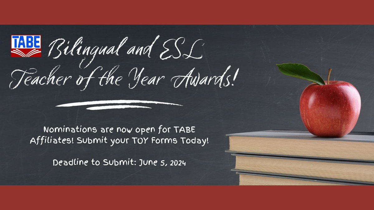 Nominations for #TABE2024 #Bilingual and #ESL Teachers of the Year are now open for #TABE Affiliates! ¡Celebremos la grandeza de nuestros maestros bilingües! Submit your forms today! Elementary Bilingual: tinyurl.com/2024TOYBIL Secondary Bil/ESL: tinyurl.com/2024TOYSec