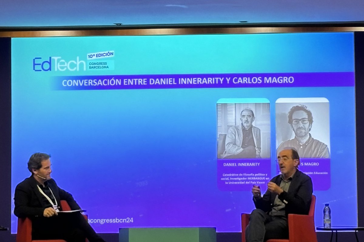 1r dia al <a href="/EdutechCluster/">Edutech</a> completat. 
Moltes idees, coneixement i aportacions per fer bullir l’olla al voltant de quina és i hauria de ser la relació entre la IA i l’educació. 
<a href="/daniInnerarity/">Daniel Innerarity @daniel-innerarity.blsky.social</a> xerrant amb <a href="/c_magro/">Carlos Magro</a> ha reforçat la idea de primer molta reflexió i després, aplicació