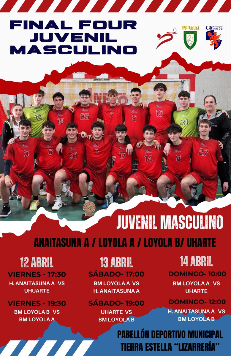 EMPIEZA LO BUENO 💪🏻💪🏻💪🏻
Este fin de semana F4 juvenil masc. en Estella.
Tras el éxito de meter a los dos juveniles del cole en la F4 este fin de semana ambos pelearán por ser campeones frente a @bmanaitasuna y @bmhuarte 
Vamoooosss!!!! @jesuitaspamplona