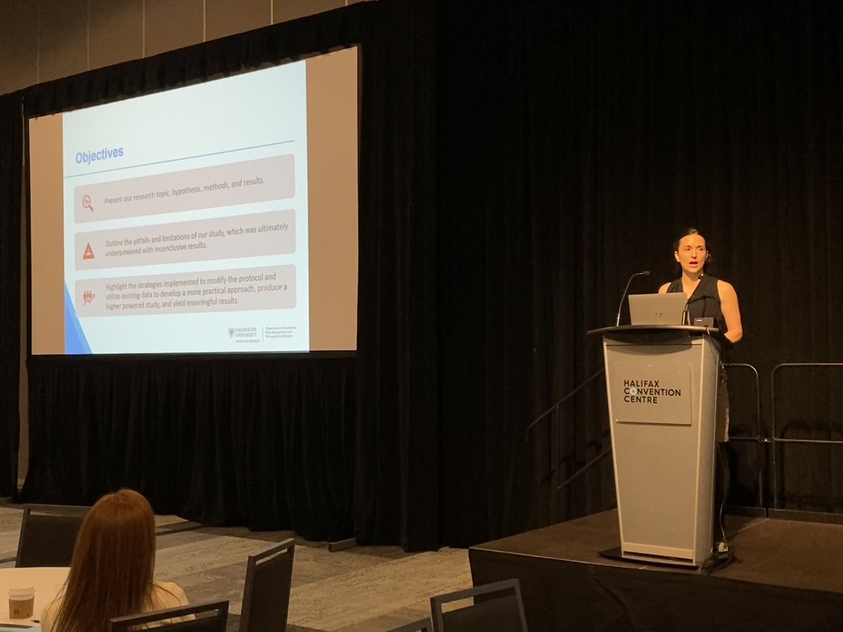 @DalAnesthesia resident Dr. Loran Morrison presenting their topic “Determination of the optimal next bolus interval for programmed intermittent bolus epidural analgesia: A randomized controlled trial” at #ANESRD24 @DalhousiePain