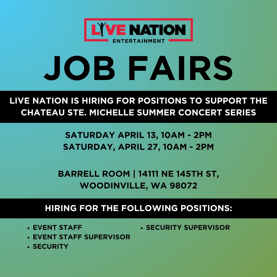 Live Nation is hiring for summer roles that will support our Summer Concert Series. Stop by the job fair they will be hosting at our winery on Saturday April 13th and Saturday April 27th. RSVP today ➡️ forms.gle/KAUi9ZU3ecTTJ6…