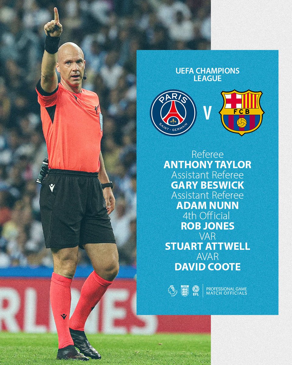 📋 Anthony Taylor leads a team of 6 PGMOL officials appointed by UEFA to #PSGFCB in the #UCL quarter-finals this evening. All the best! 💪
