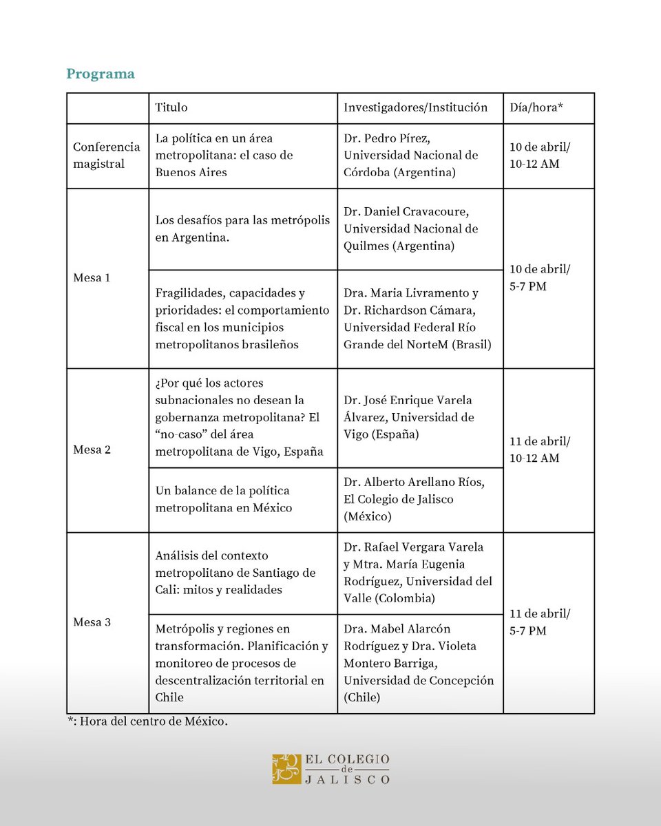 Hoy a las 20 horas (Arg), el Presidende de FINDEL
<a href="/dcravacuore/">Daniel Cravacuore</a>
disertará sobre "Los desafíso para las #metrópolis en Argentina" en el marco del Coloquio Internacional "Los desafíos para las metrópolis en Iberoamérica". La actividad es organizada por el
<a href="/Coljalisco/">El Colegio de Jalisco, A. C.</a>