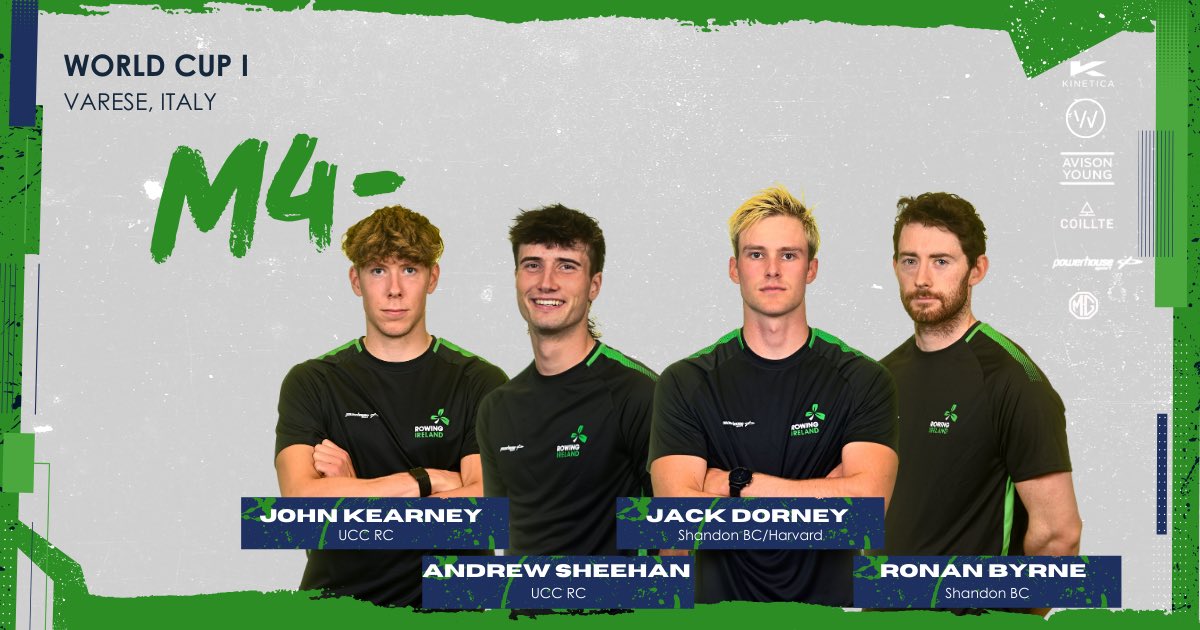 ☘️Introducing our Crews☘️ John Kearney, Andrew Sheehan, Jack Dorney and Ronan Byrne will race the Men’s Four at World Cup I this weekend in Varese, Italy! #greenblades #wearerowingireland