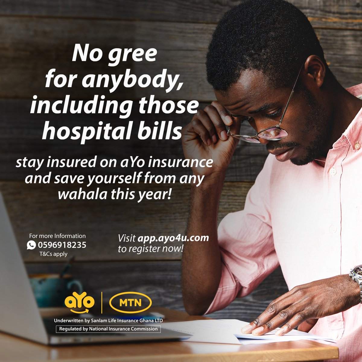 aYo__Ghana's tweet image. Say goodbye to unexpected bills! Stay insured with aYo for peace of mind.
Dial *296# or visit app.ayo4u.com to register any of our products. Or WhatsApp wa.me/233596918235 for more info.

#insurancepolicy #aYoInsurance #HospitalCover #becauseyoucare