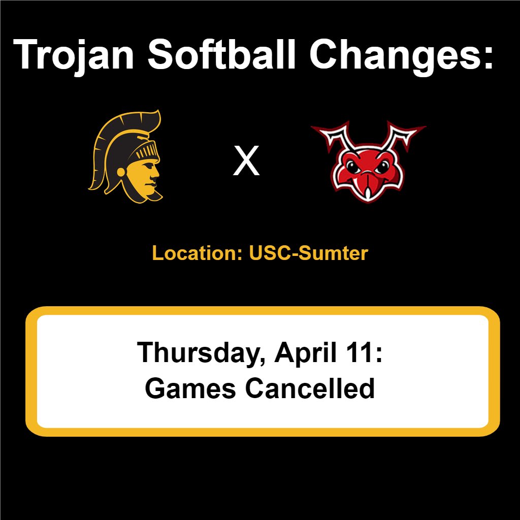 🚨Softball games tomorrow at USC-Sumter have been cancelled due to predicted weather🚨