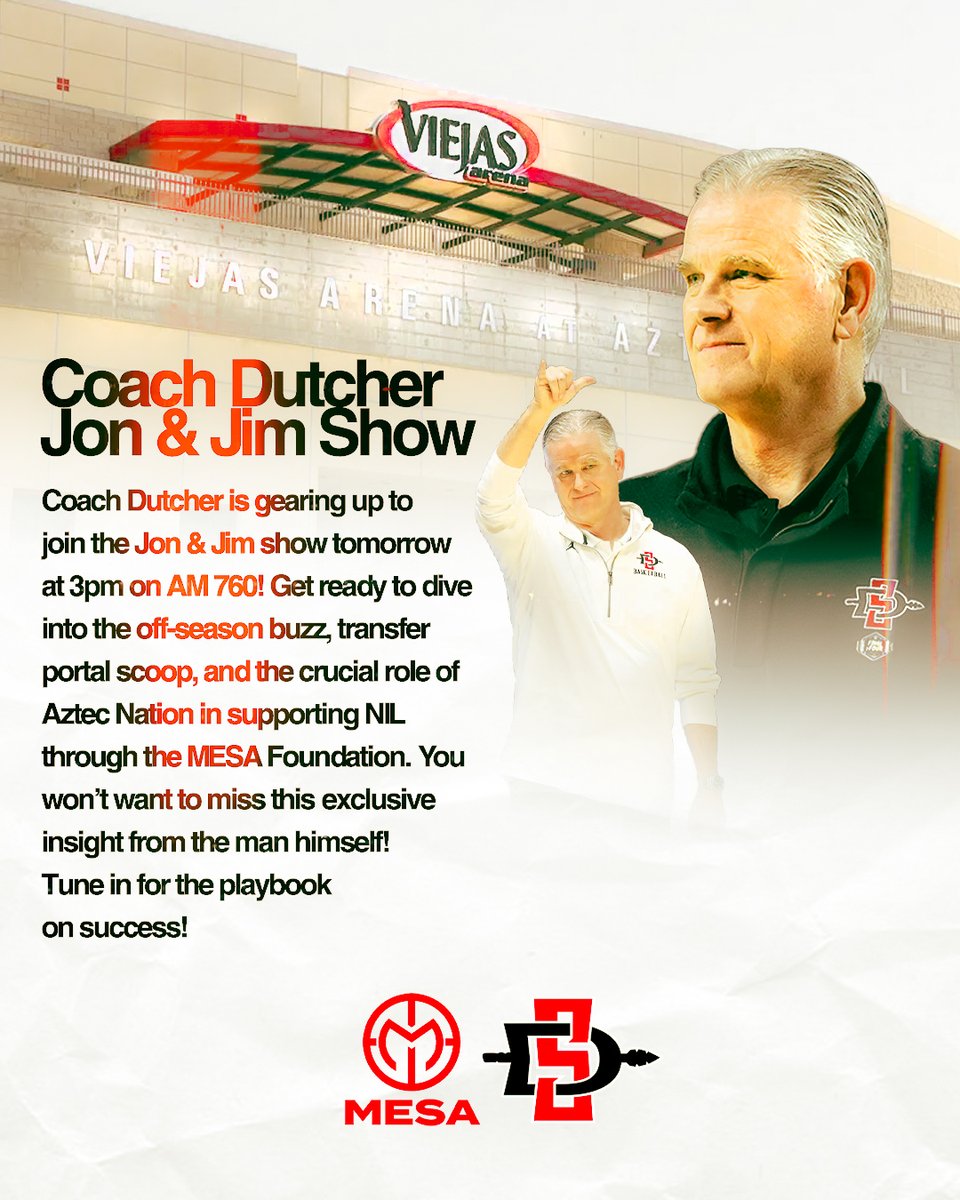 Exciting News Alert! 🚨 Coach Dutcher is gearing up to join the Jon & Jim show tomorrow at 3pm on AM 760!🎙️ Get ready to dive into the off-season buzz, transfer portal scoop, and the crucial role of Aztec Nation in supporting NIL through the MESA Foundation❤️ #Aztecsn #MESA