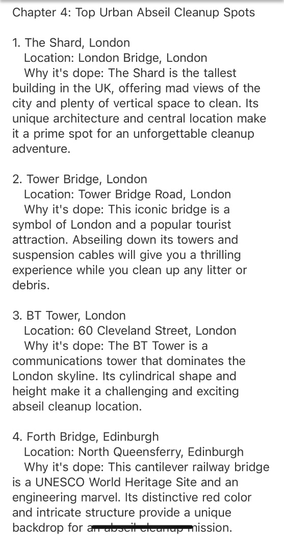 More AI fun. Urban Abseil Cleanup is the next hot new adventure trend, mark my words!