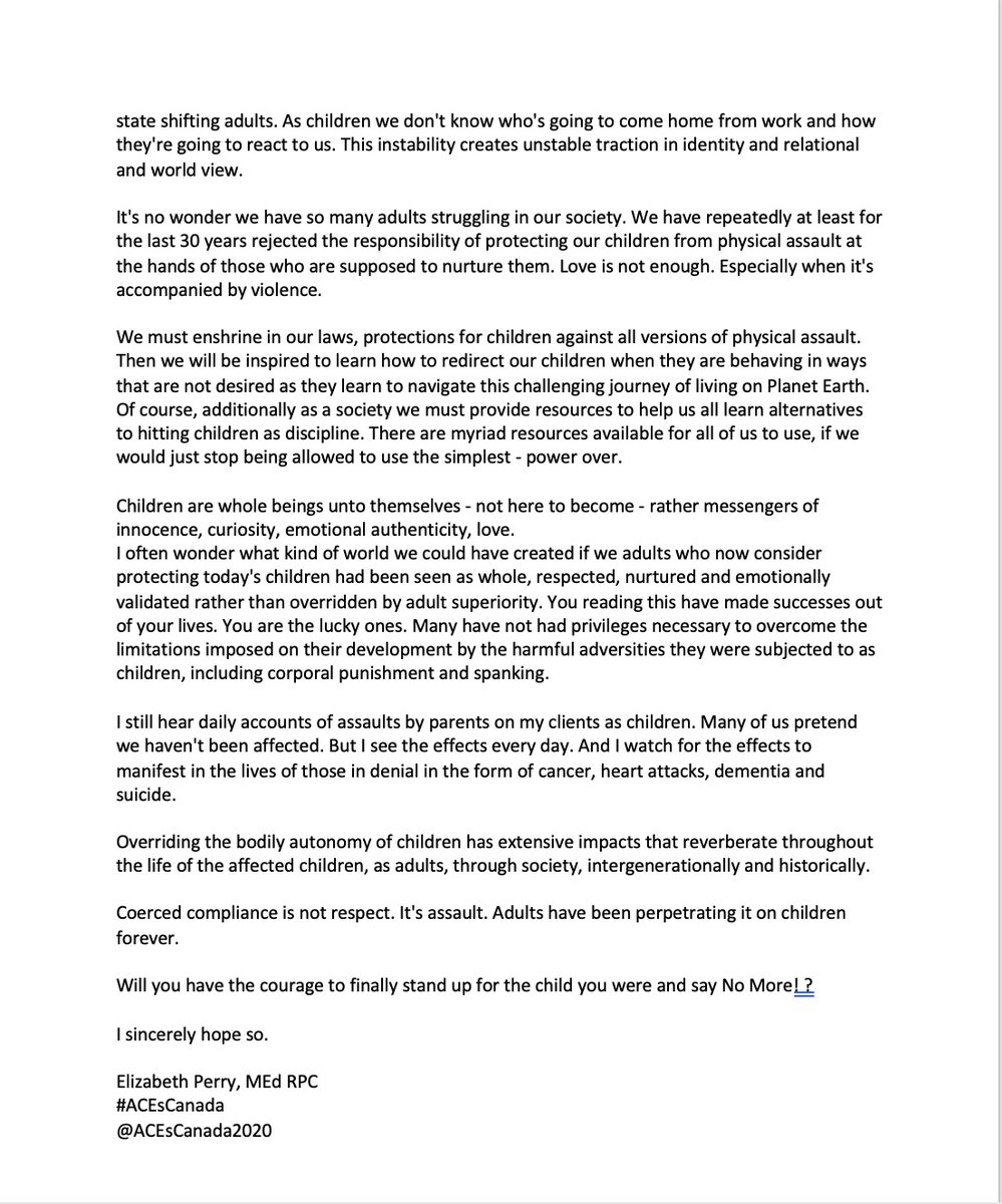 The Standing Committee for Justice and Human Rights @OurCommons is considering #BillC273 to #Repeal43 
For 30 years many have been trying to get the law changed to #EndCorporalPunishment and #ProtectChildren #Respect #ChildRights Here's my letter to the committee. #PreventACEs