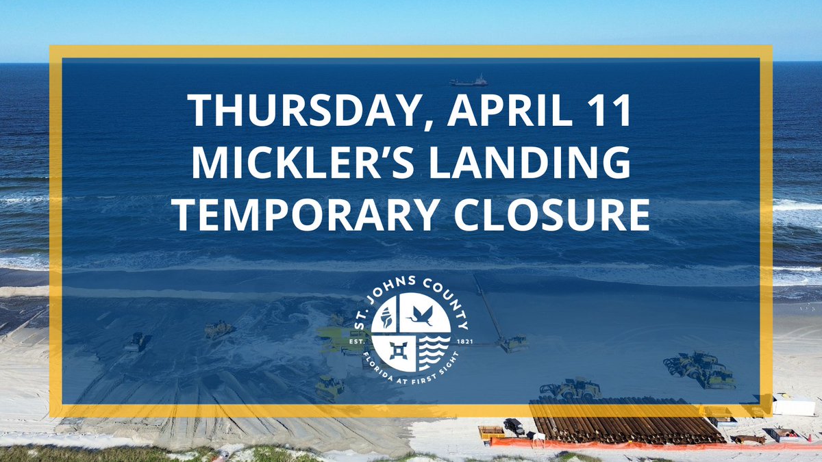 TOMORROW: Mickler’s Landing will be closed Thursday, April 11, to facilitate the delivery of equipment for the Ponte Vedra Beach Restoration Project. 🚧 We anticipate reopening on Friday, April,12. 🏖️ We appreciate your understanding! 🌐 More info sjcfl.us/pvb #MYSJCFL