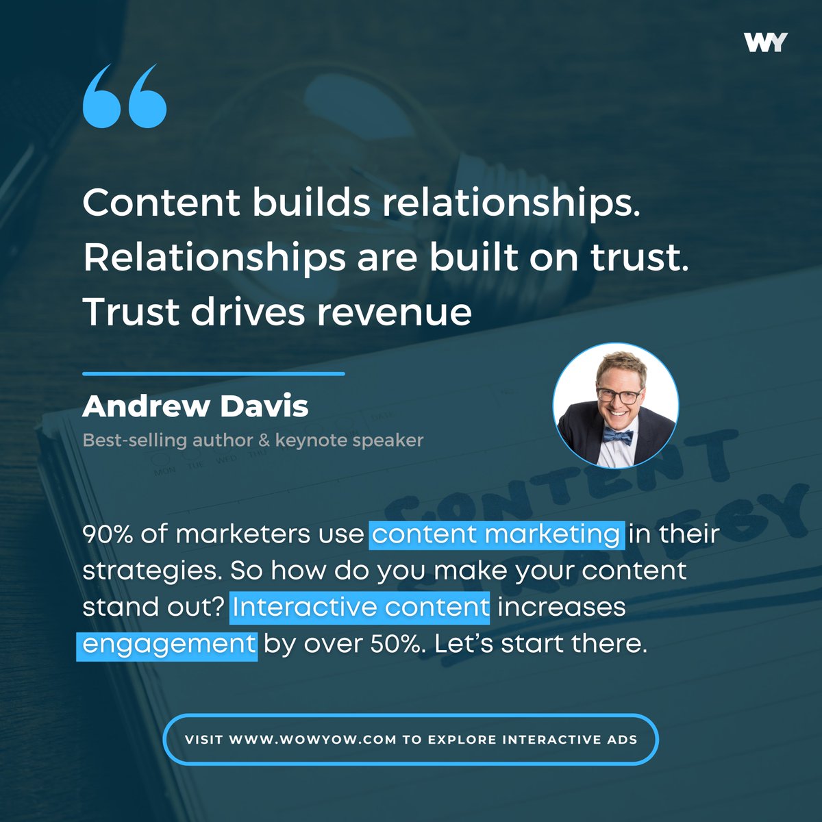 WowYow's tweet photo. Experts say content marketing is one of the most successful marketing trends. 🎉 But how do you make your content stand out and drive revenue? 🤔 Interactive content! Let's talk about it!  📣

#WednesdayMotivation #funfact #didyouknow #quote #MarketingDigital #MarketingStrategy https://t.co/9onplvbyTq