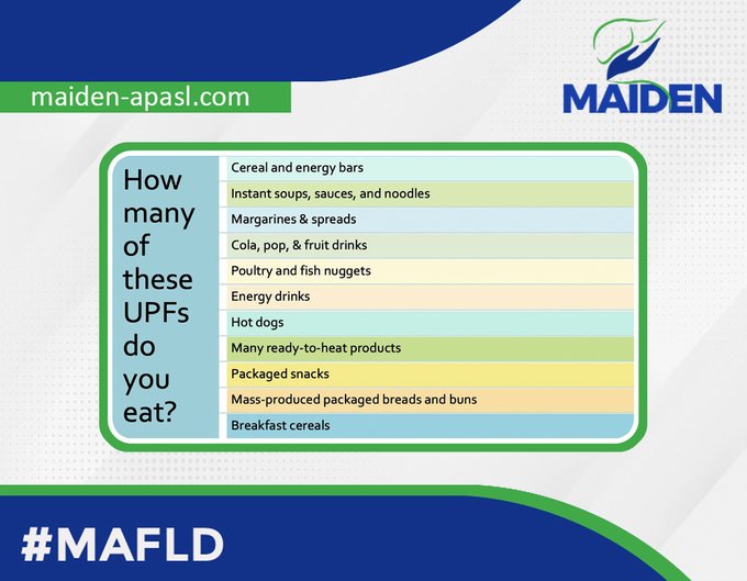 Ultra-processed food (UPF) increases the risk of poor cardiometabolic health (high LDL cholesterol, atherosclerosis, heart attack, stroke, obesity, pre-diabetes, type 2 diabetes, #MAFLD).
👉 maiden-apasl.com/patients-resou…