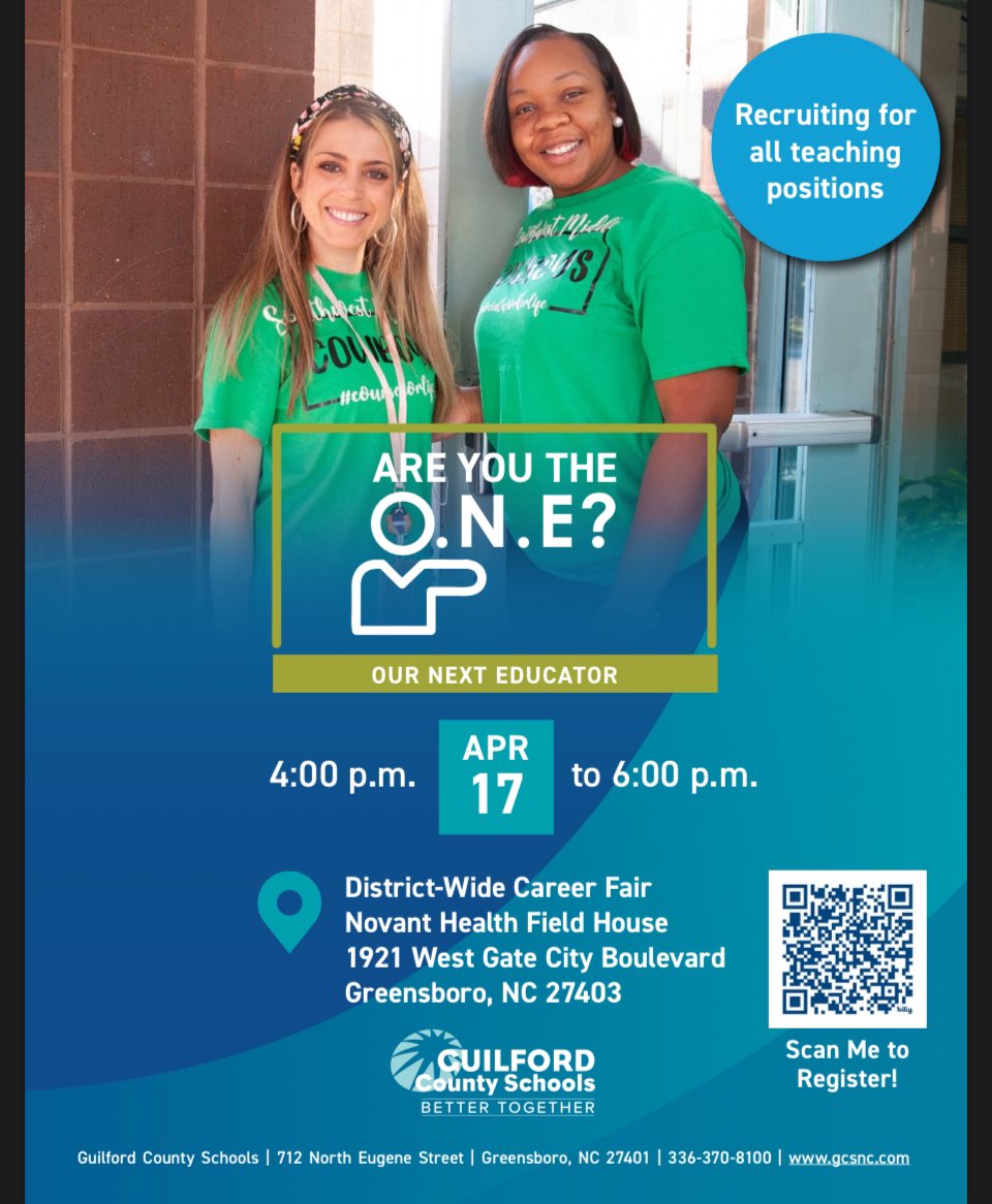 Join the team shaping the future at Guilford County Schools! We're on the lookout for passionate educators ready to make a difference. Swing by our District-Wide Career Fair on April 17th from 4-6 pm at Novant Health Field House. Let's meet, greet, and explore!
