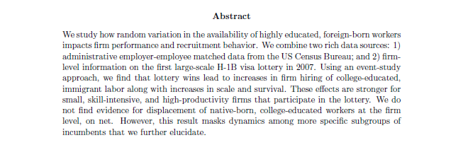 New working paper! Joint with @AgosBrinatti @mingyuchen_econ @ParagMa_Econ @econoshih We combine US employer-employee data with data on the 2007 H-1B lottery to study the impact of skilled migration on firms and workers. Short 🧵 below #EconTwitter docs.iza.org/dp16917.pdf