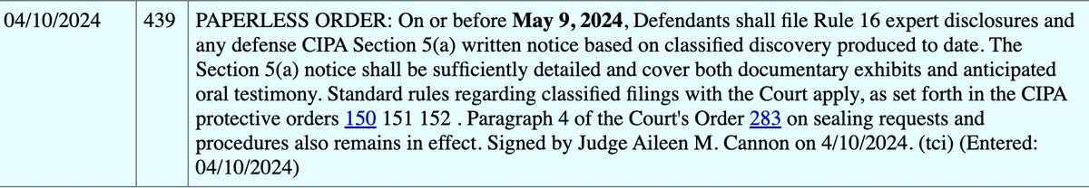 Judge Cannon still hasn't set a new trial date for Trumps' classified docs trial, but she is setting deadlines that brush right up against the original trial date.