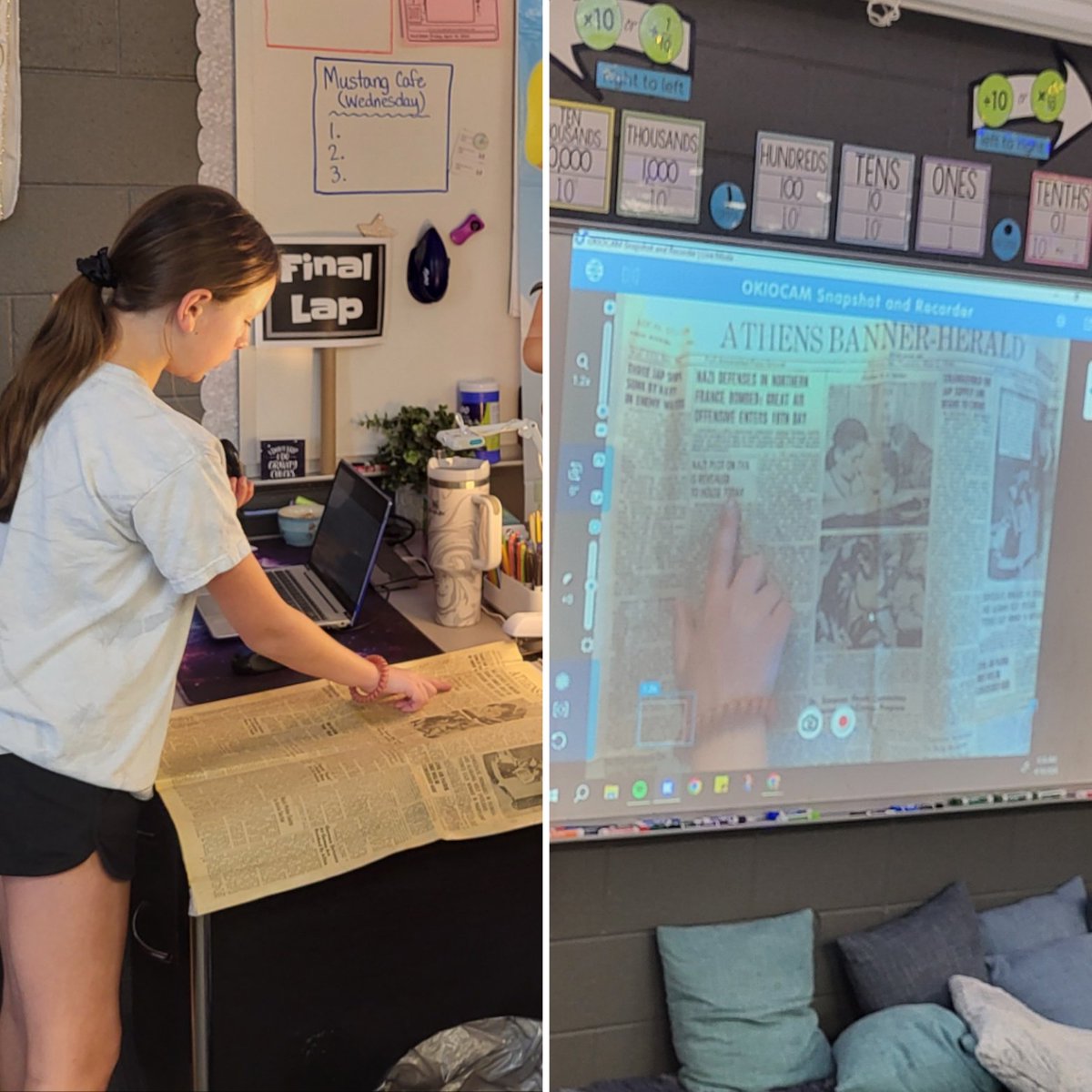 We got to see a local newspaper from 1944 today! This student brought it to share. We saw articles about WWII battles, blockades, rationing paper, planting victory gardens, and encouraging women to vote. Loved all the connections to social studies! @CFESmustangs @OconeeCoSchools