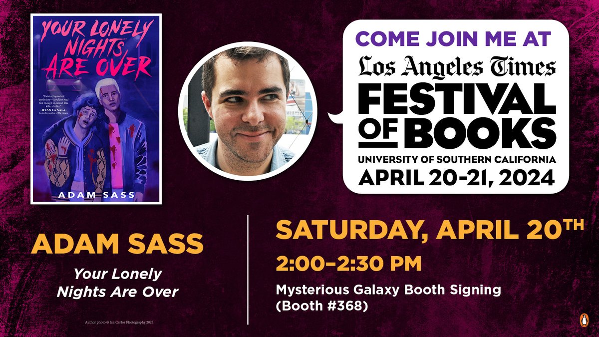 💋SURPRISE!🔪 I'm coming to LA Times Festival of Books! Next Saturday, April 20th, find me at the @MystGalaxyBooks booth, where I'll be signing YOUR LONELY NIGHTS ARE OVER (which is now on day FIVE??? of being the number 1 LGBTQ+ YA ebook???) I cannot wait to see you all!