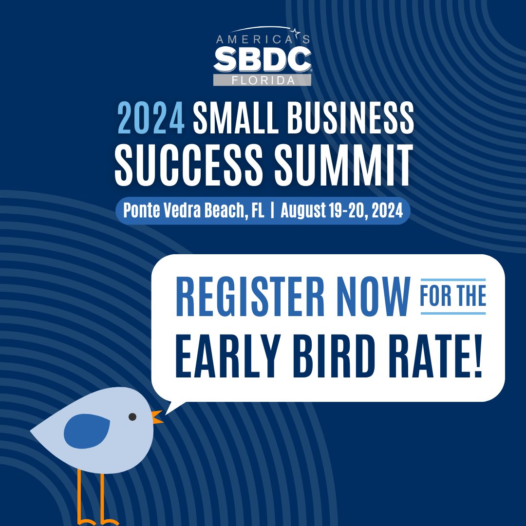 Don’t miss the 2024 Small Business Success Summit as it brings small business owners, experienced Florida SBDC Network consultants, and knowledgeable experts together to share valuable information to help you take your business to the next level. 
Visit: floridasbdc.org/success_summit/