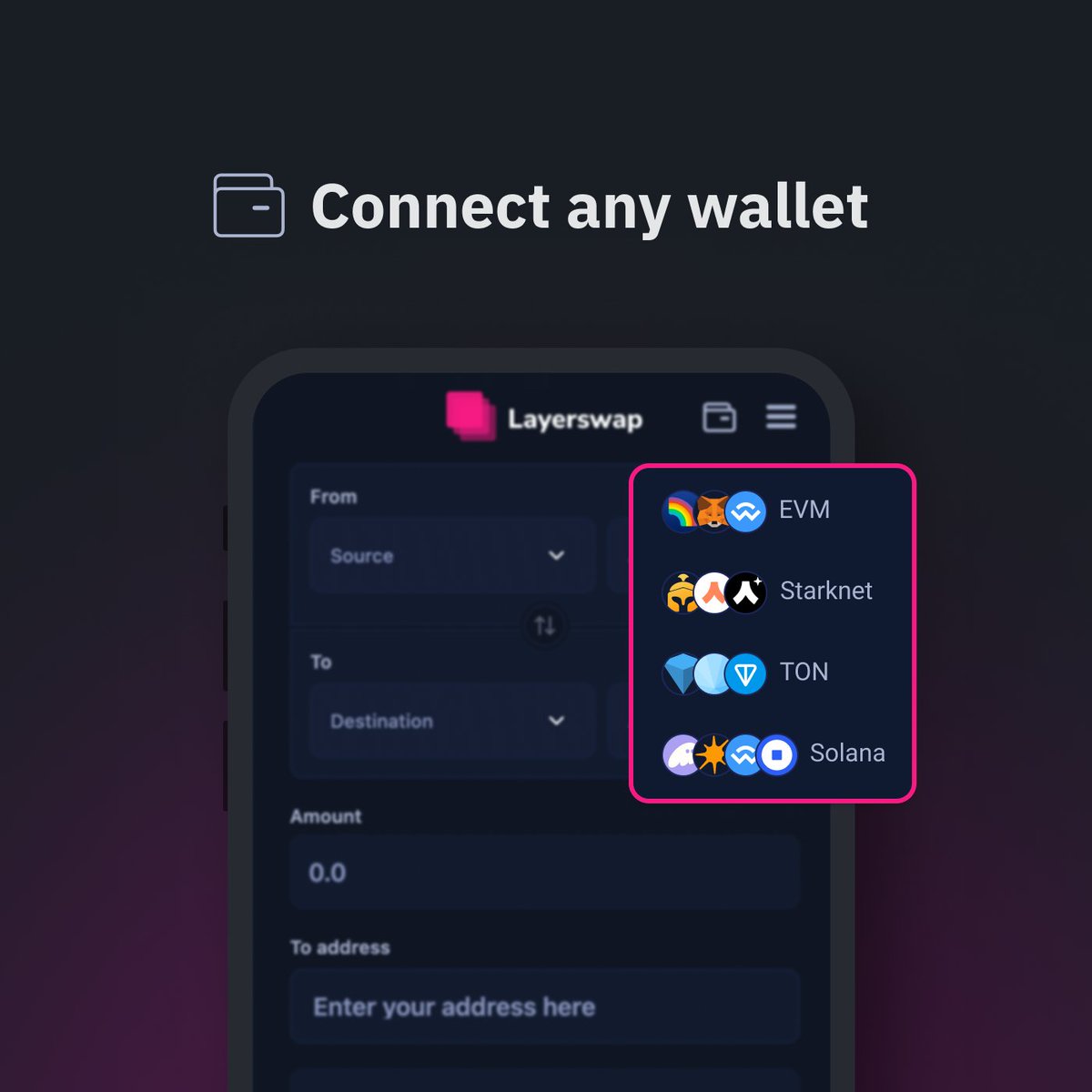 No matter the network, #Layerswap connects you! 🌐 From @ton_blockchain and @solana to @Starknet and #EVM chains, we support a wide range of wallets for effortless transactions. Choose your wallet 👉 layerswap.io/app