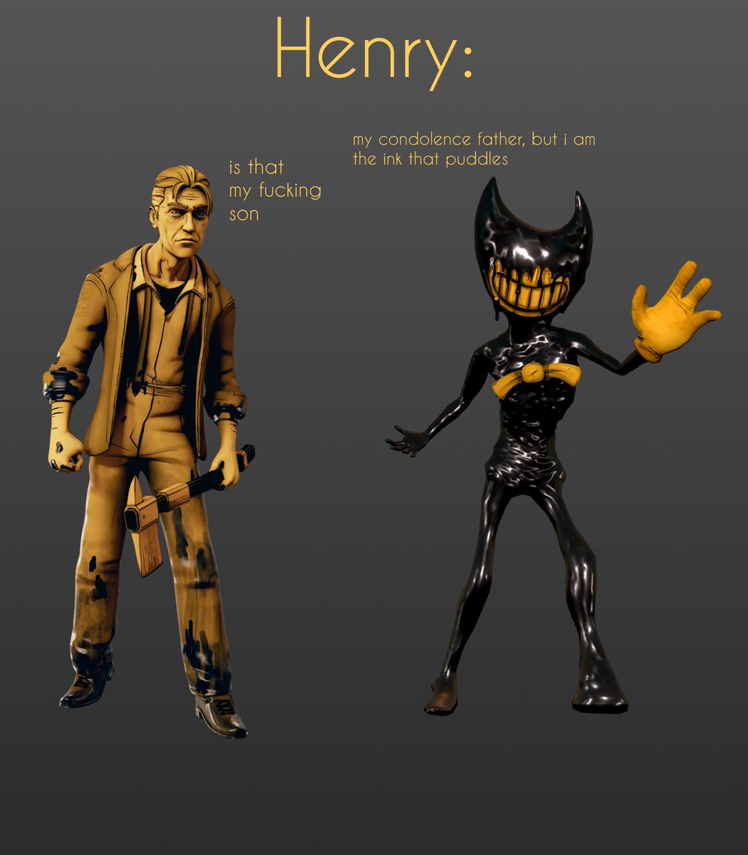Since BATDR ink demon is the one that is his canon design I want to behold a silly little headcanon that utilizes Ink Bendy's design...

Henry is the only one who sees the Ink Demon as Ink bendy because that's just his little guy that's his son😔