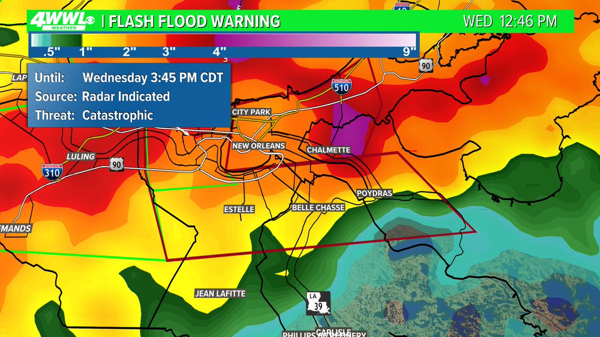 A Flash Flood Warning has been issued for parts of Jefferson, St. Bernard, Plaquemines, Orleans, St. Charles until 4/10 3:45PM. Street flooding is happening or about to happen. #BeOn4