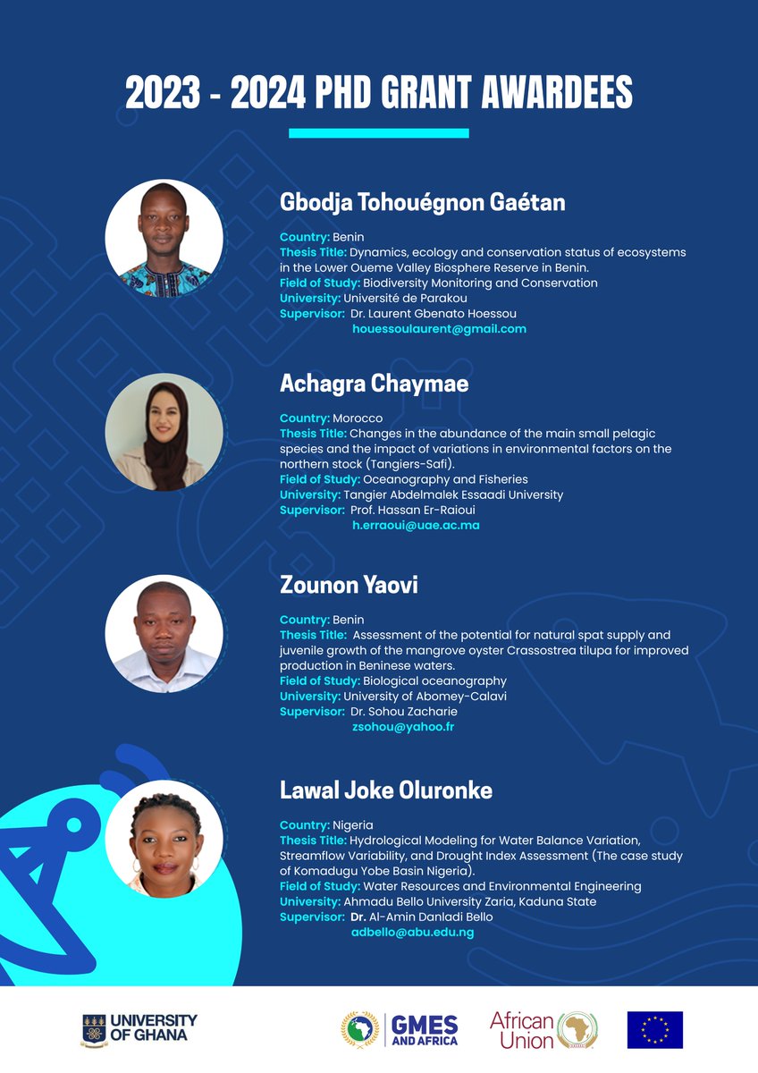 Meet the 4 recipients of the MarCNoWA consortium's PhD Grants for 2023-2024. 🎓 Stay tuned for the 2024-2025 Call for Applications! Follow @GMESAfrica @ug_gmes @UnivofGh for updates.